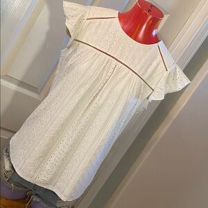 Adrianna Papell White Eyelet Ruffle Sleeve Blouse Top